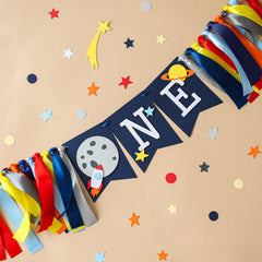 Space ONE High Chair Banner - First Trip Around the Sun Birthday Decorations