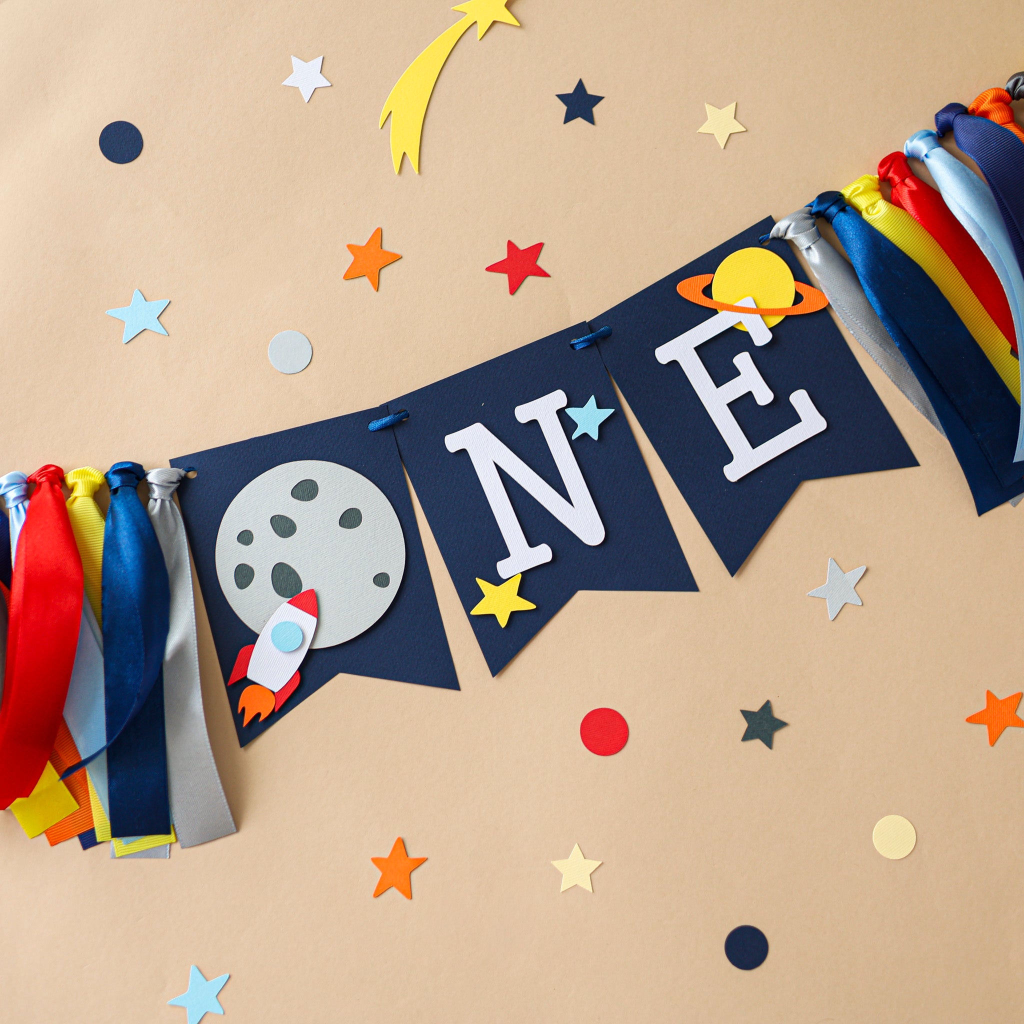 Space ONE High Chair Banner - First Trip Around the Sun Birthday Decorations