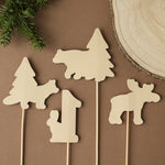 Back view of handmade woodland animal party picks showing sturdy wooden sticks and high-quality layered cardstock construction.