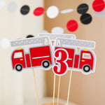 Fire truck-themed birthday cake toppers