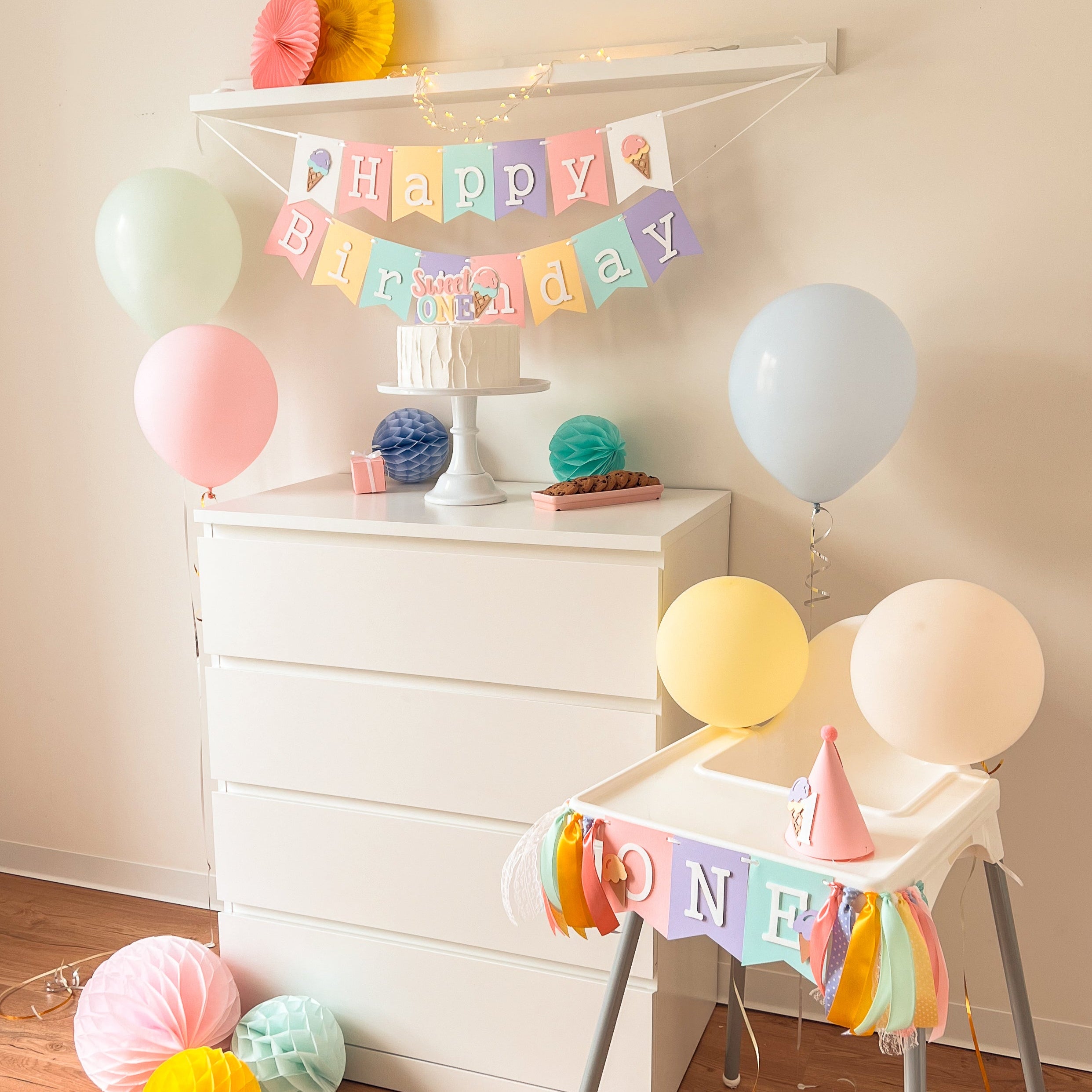 "Here's the Scoop" Ice Cream Birthday Banner for summer celebration