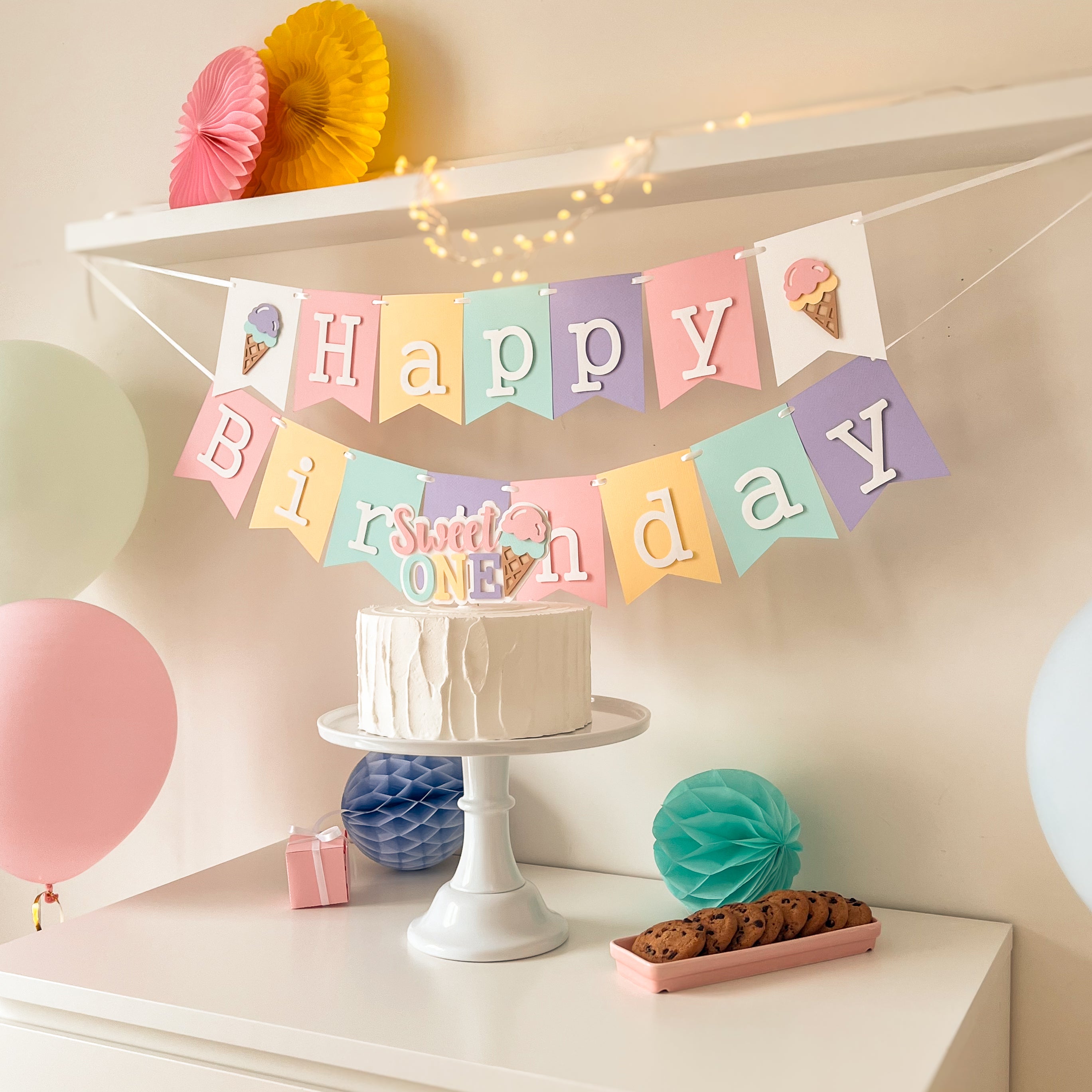 Cute Ice Cream Party Banner for kids' birthday dessert table