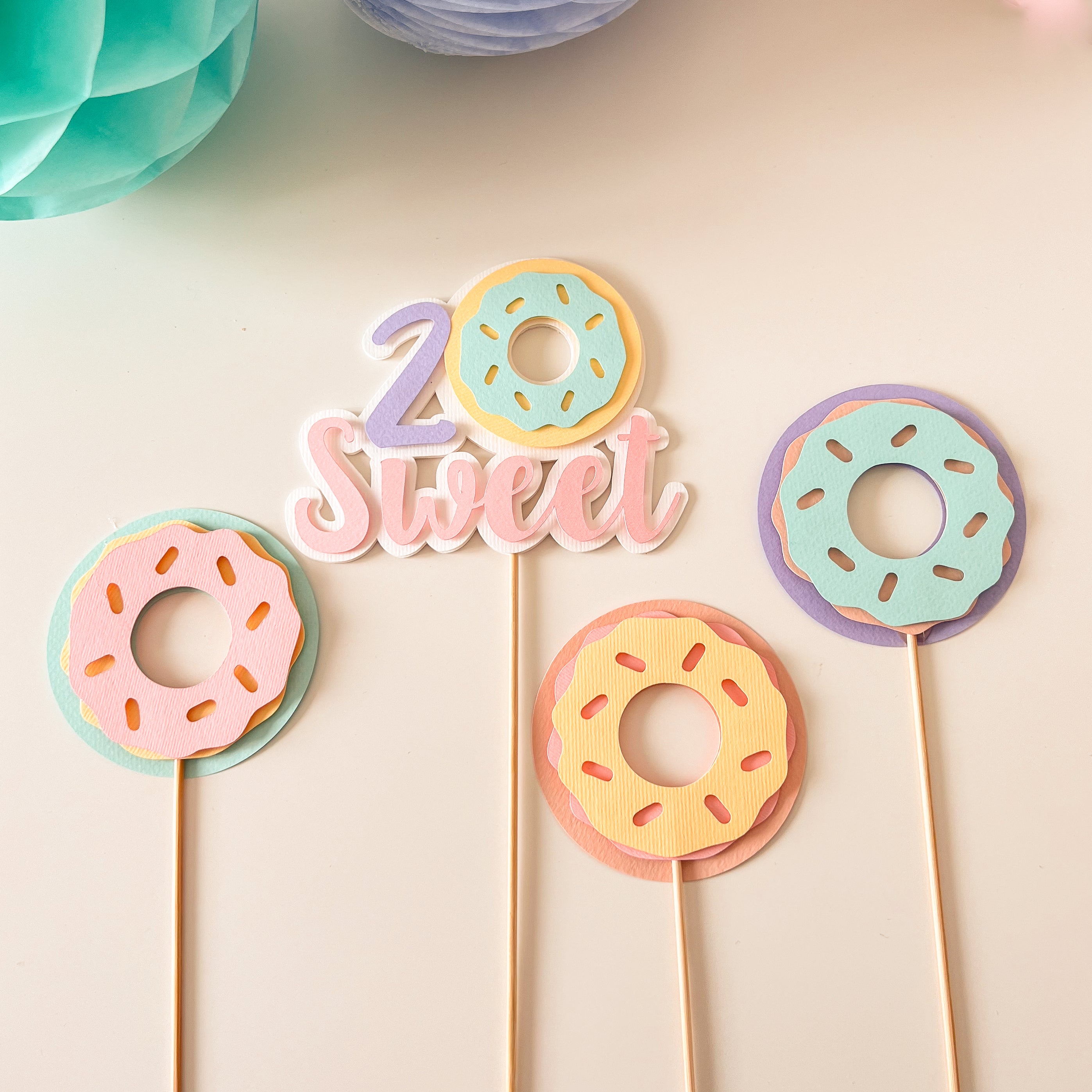Donut Birthday Centerpieces Sticks with Two Sweet Number 2 and Pastel Donuts Table Toppers