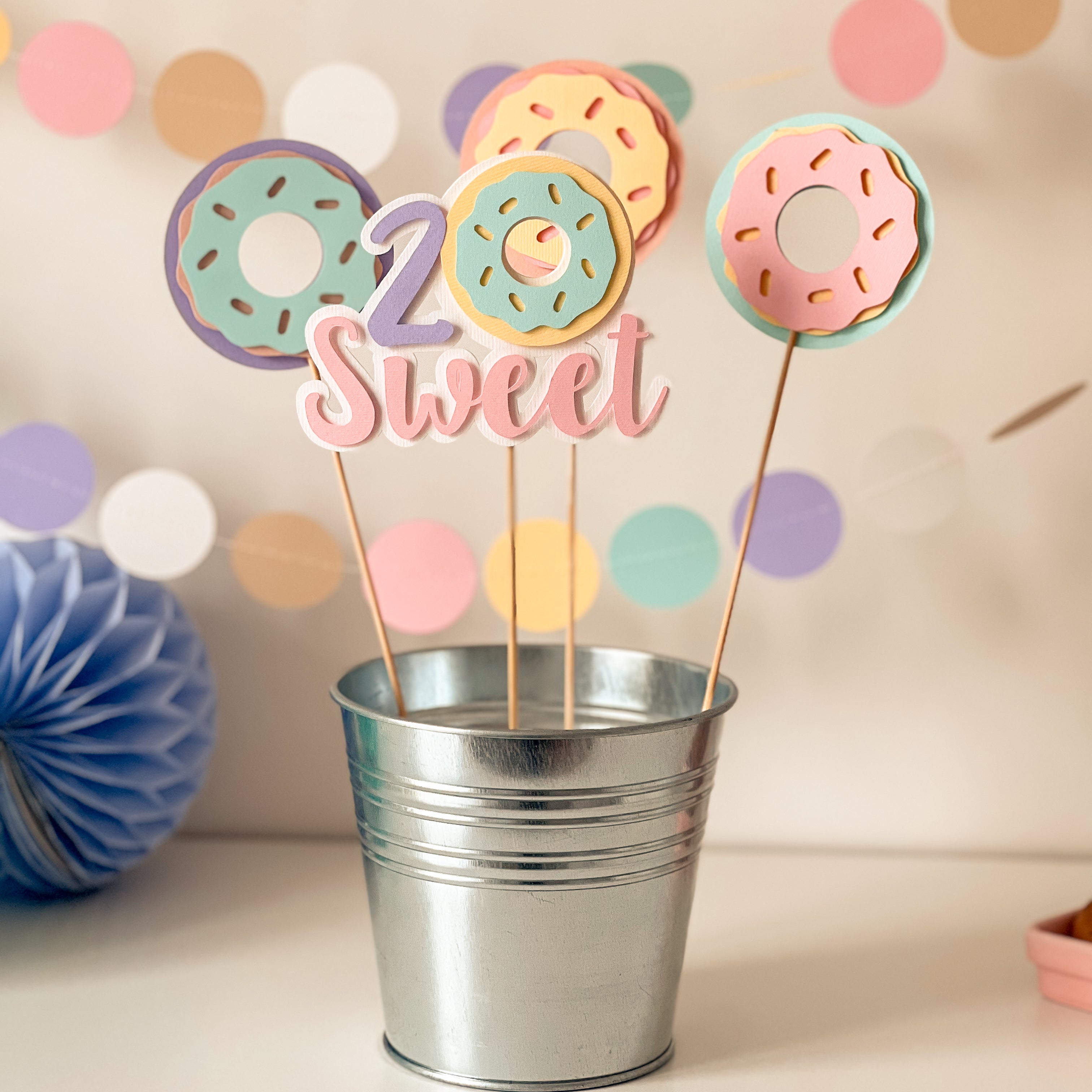 Donut Birthday Centerpieces Sticks with Two Sweet Number 2 and Pastel Donuts Table Toppers