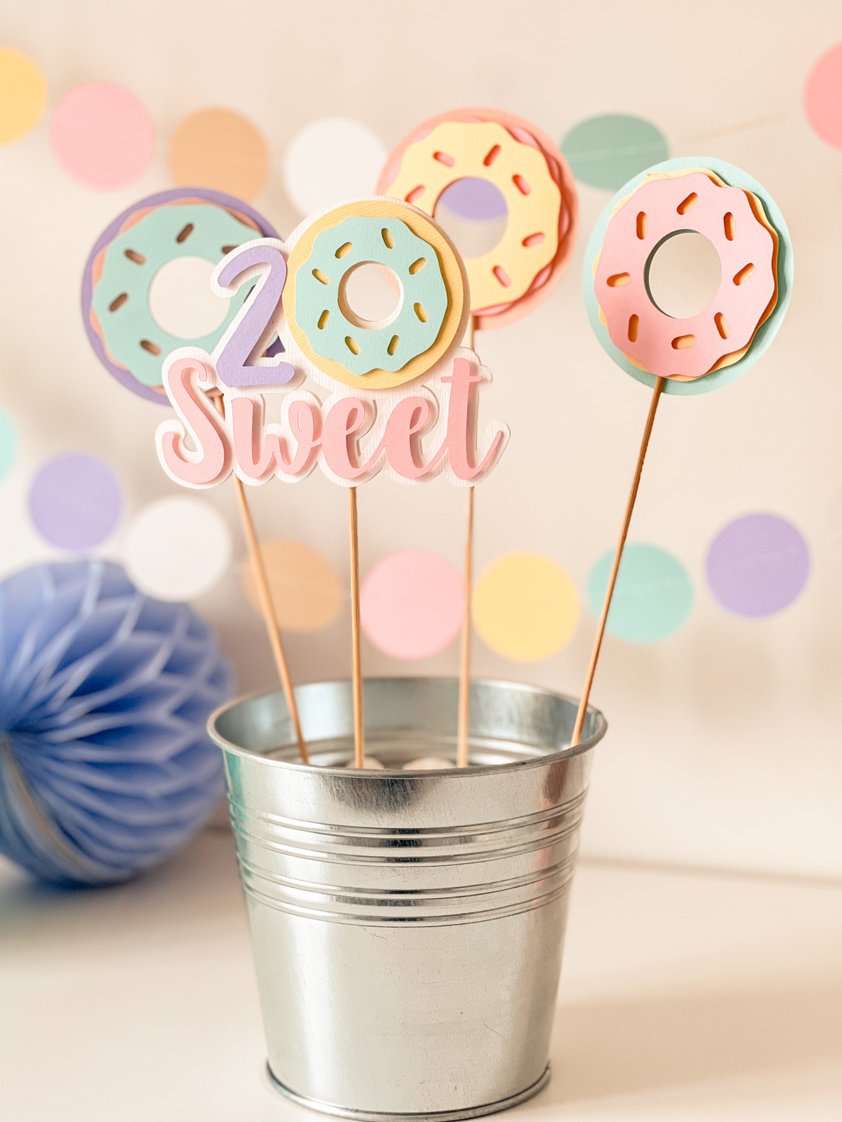 Donut Birthday Centerpieces Sticks with Two Sweet Number 2 and Pastel Donuts Table Toppers