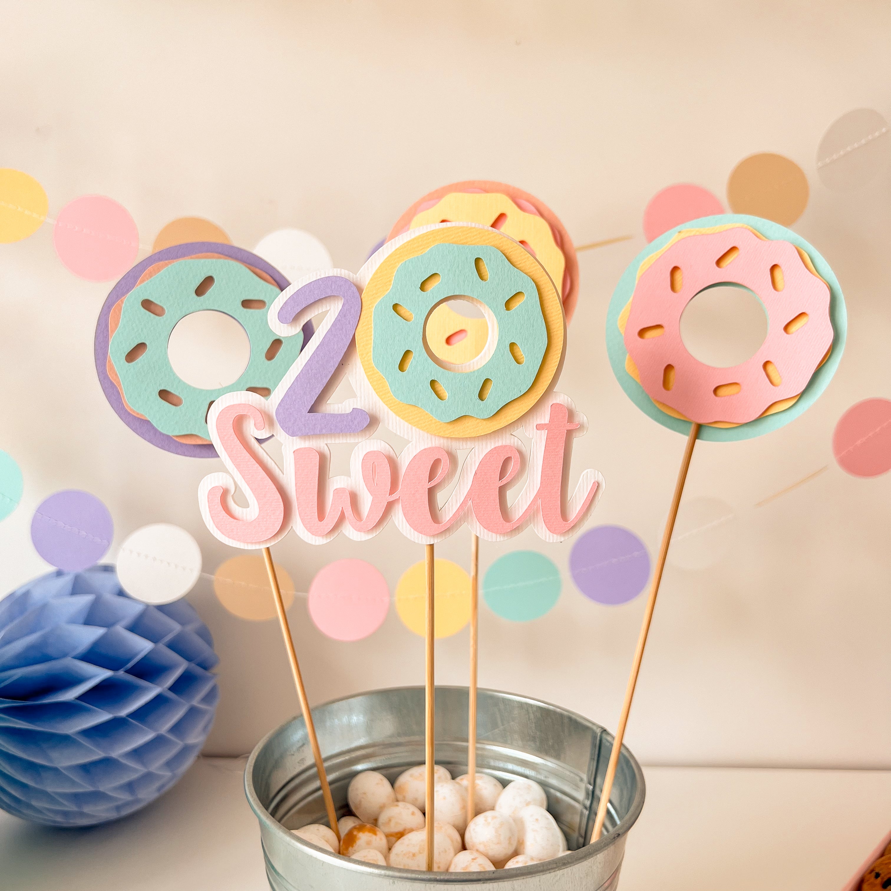 Donut Birthday Centerpieces Sticks with Two Sweet Number 2 and Pastel Donuts Table Toppers