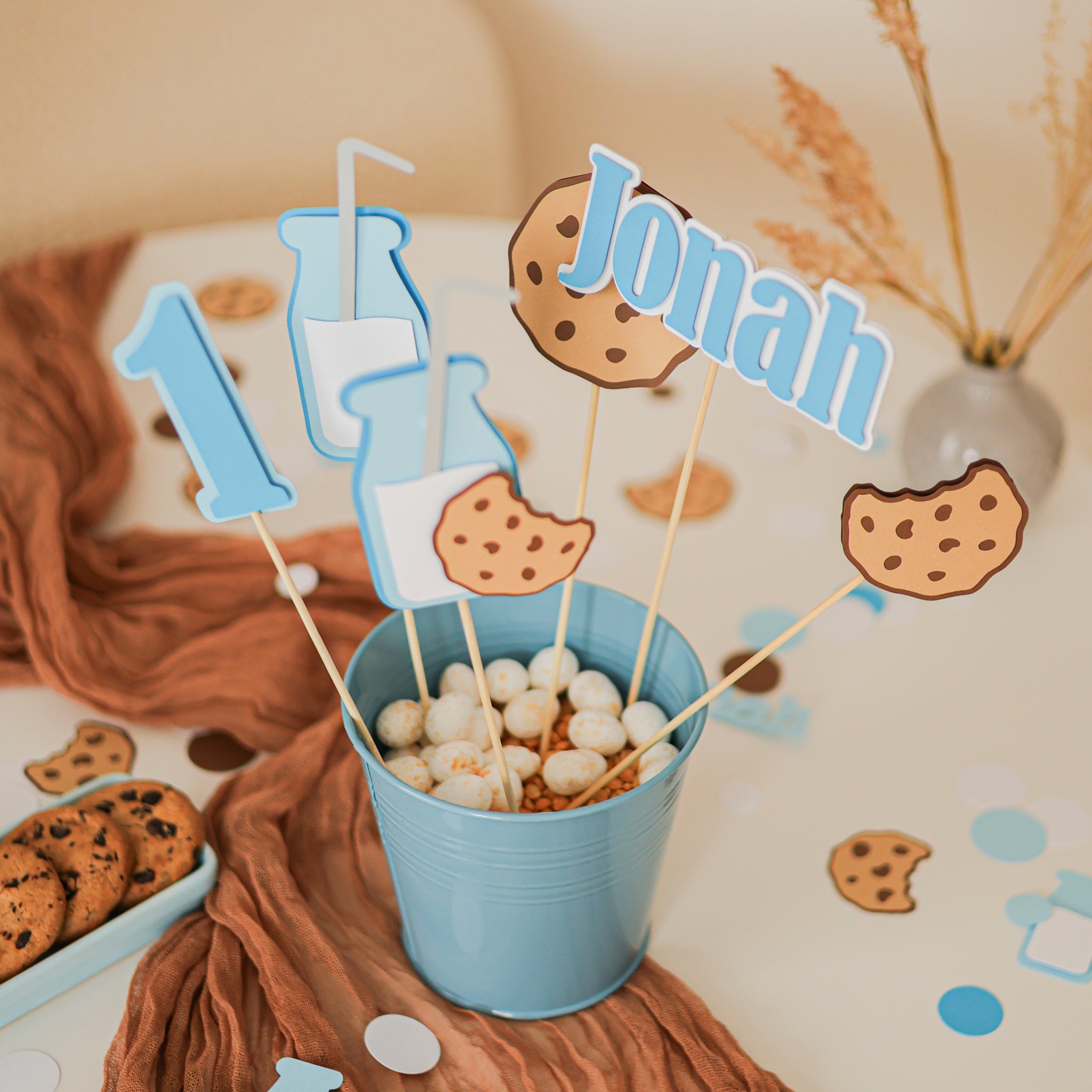 One Sweet Boy Centerpiece, Milk and Cookies 1st Birthday, Cake Toppers