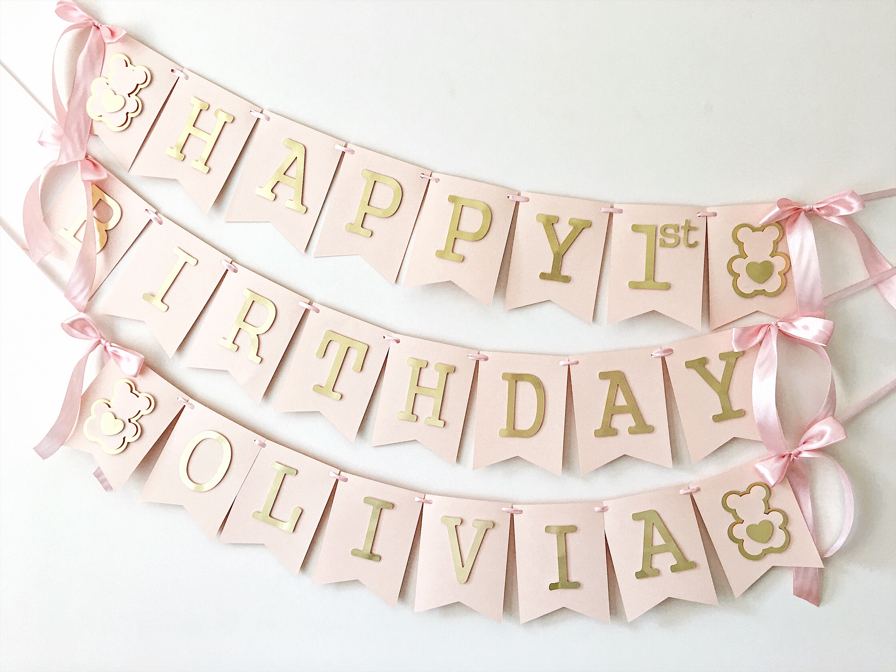 Teddy Bear Girl First Birthday Banner Beary Sweet One Birthday Party Decorations