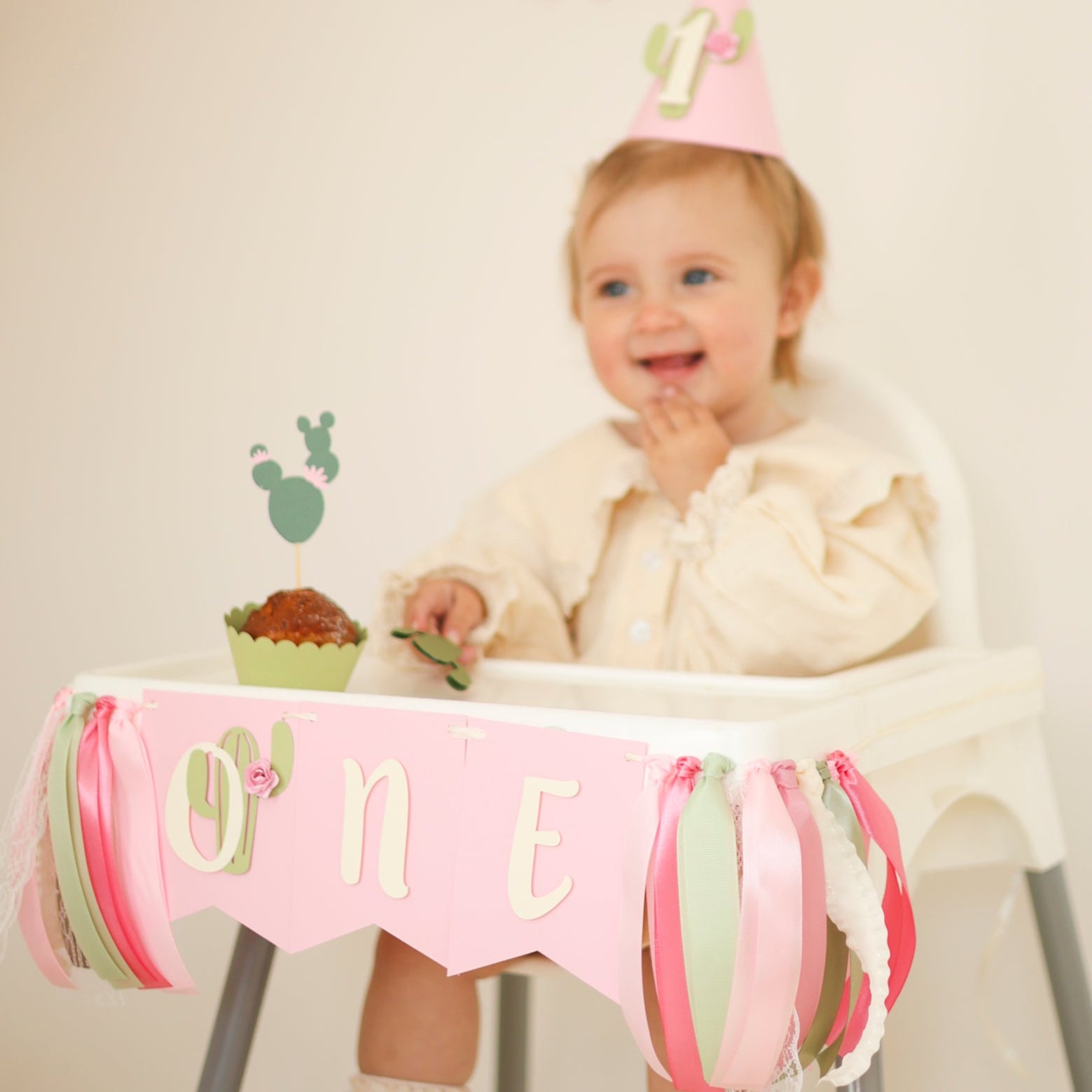 One Prickly Pair Highchair Banner, Twin Girls 1st Birthday Party, Pink Cactus Decorations