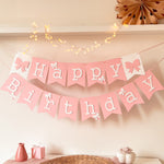 Pink bow happy birthday banner for coquette 1st birthday party