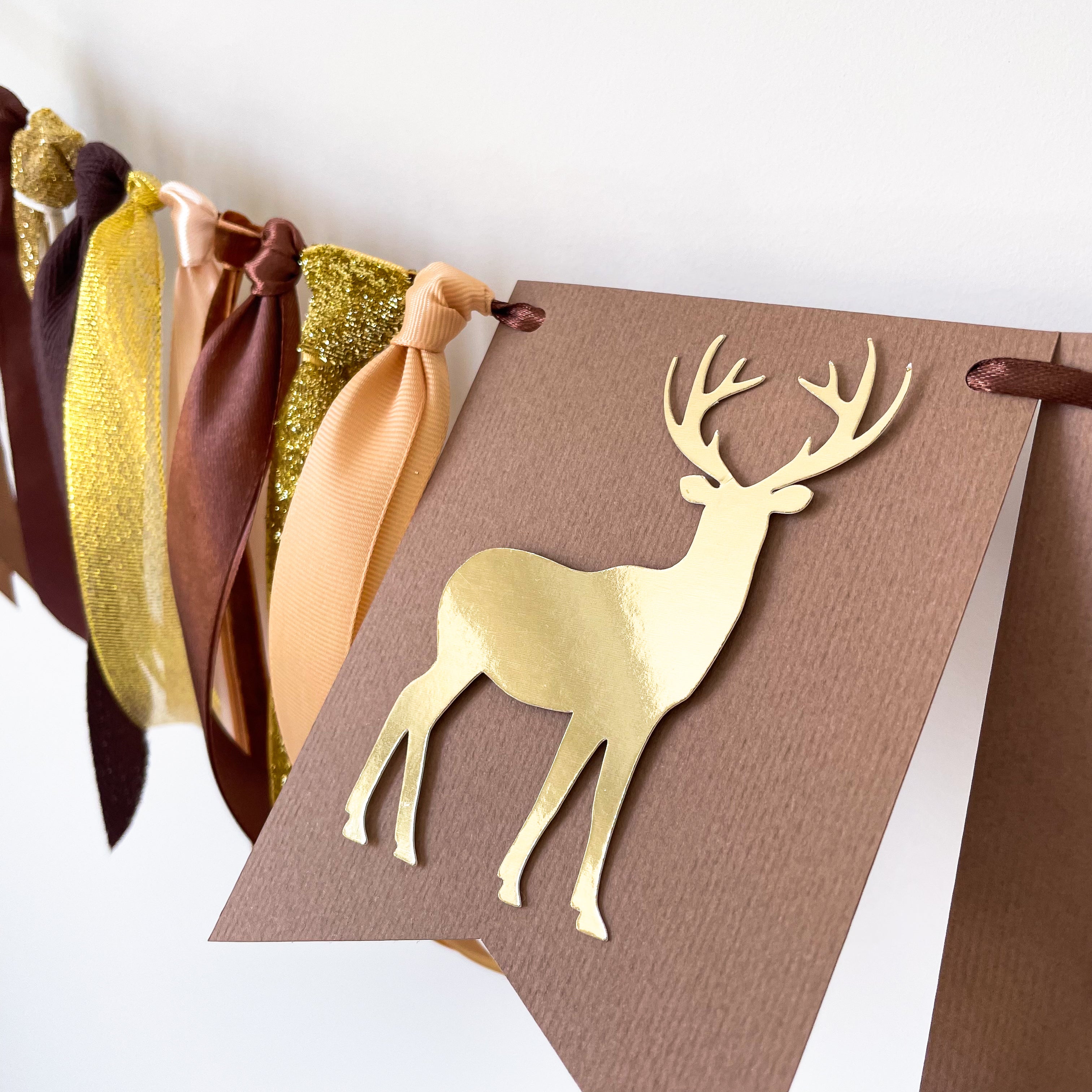 Deer One Highchair Banner to match Woodland Birthday Decorations, Deer Birthday, Forest Birthday Theme party decorations perfectly.