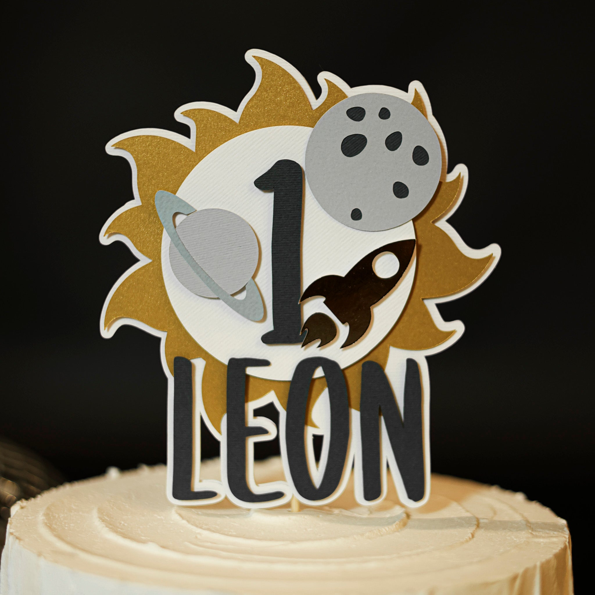 Space themed birthday cake topper with number '1' and kid's name 