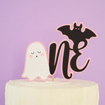 Halloween themed cake topper with ghost, bat, and 'ONE' for Girl 1st Birthday 