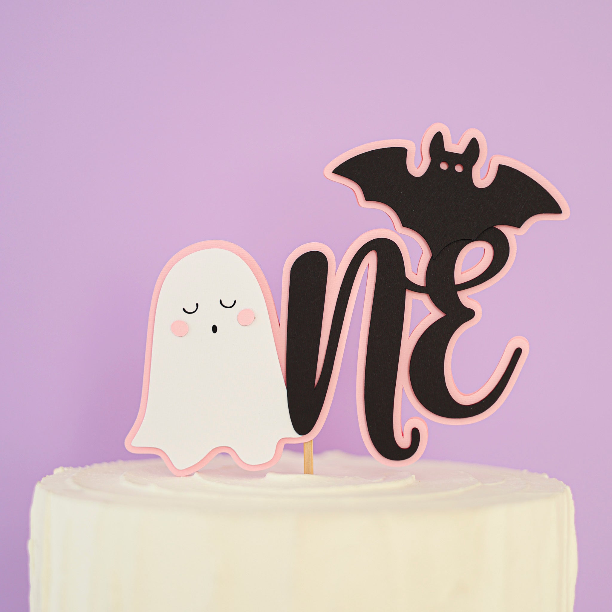 Halloween themed cake topper with ghost, bat, and 'ONE' for Girl 1st Birthday 