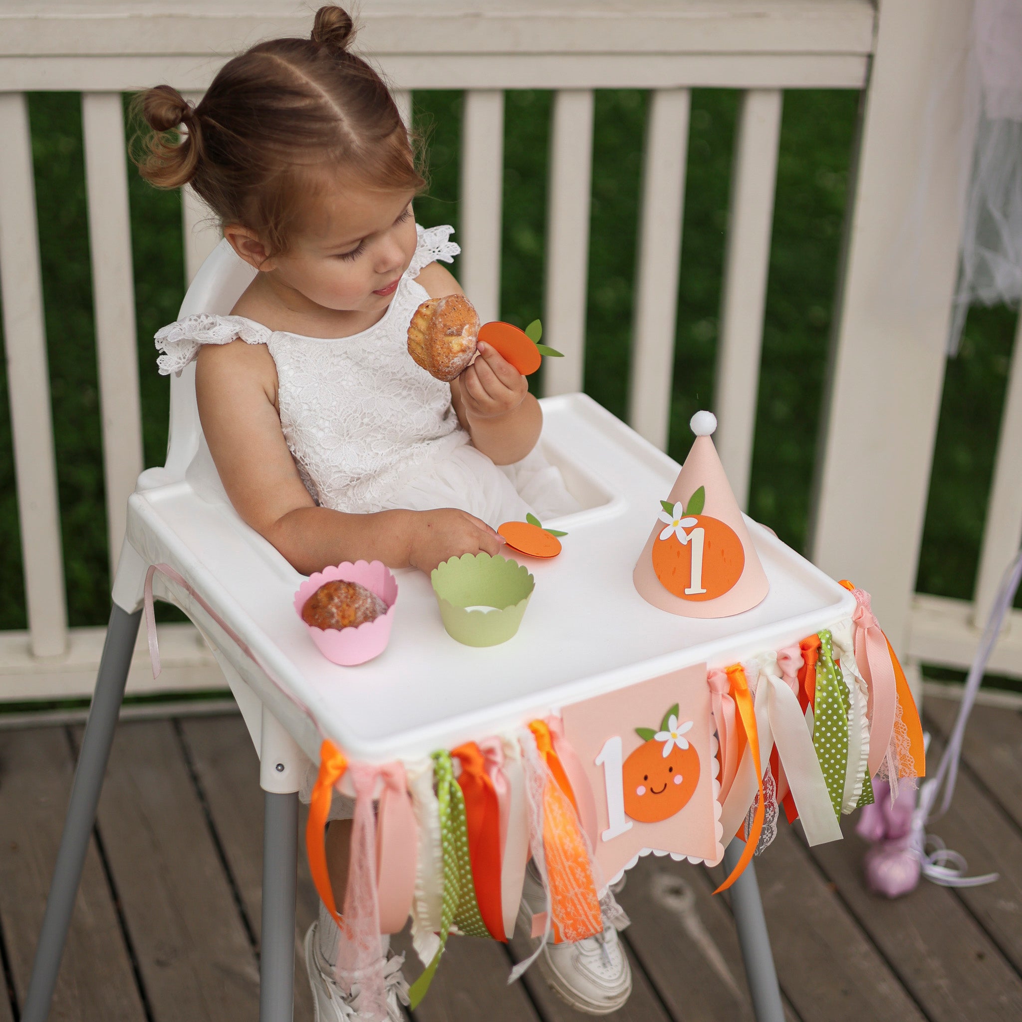Little Cutie Highchair Banner, Orange Theme Party Decor, Photo Prop