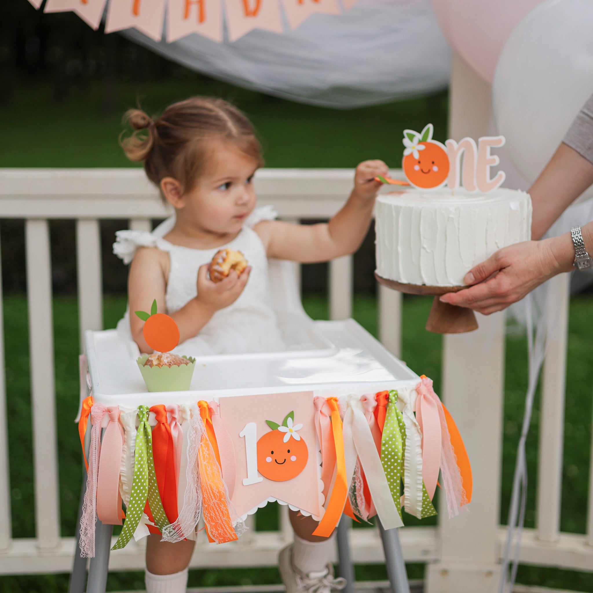 Little Cutie Highchair Banner, Orange Theme Party Decor, Photo Prop
