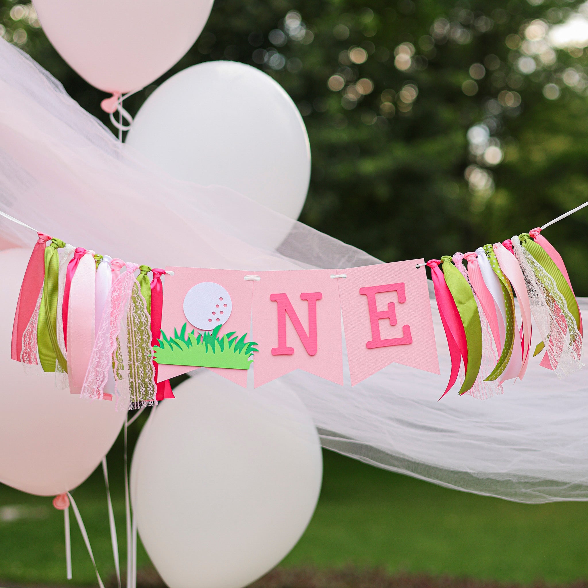Pink Golf Hole in One Highchair Banner for Girl 1st Birthday Party