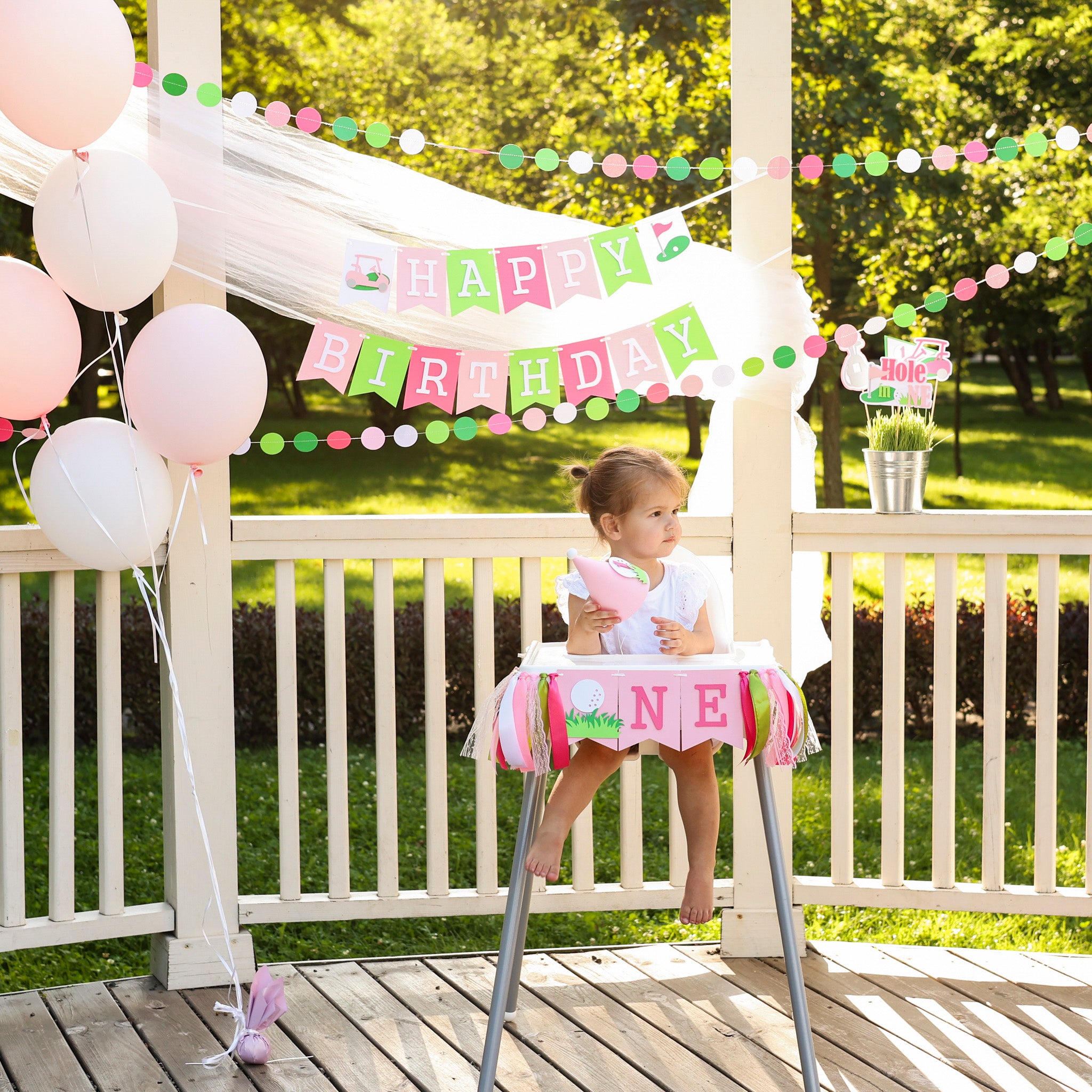 Golf Girl Birthday Circle Garland - Pink & Green "Hole in One" Party Banner Decor