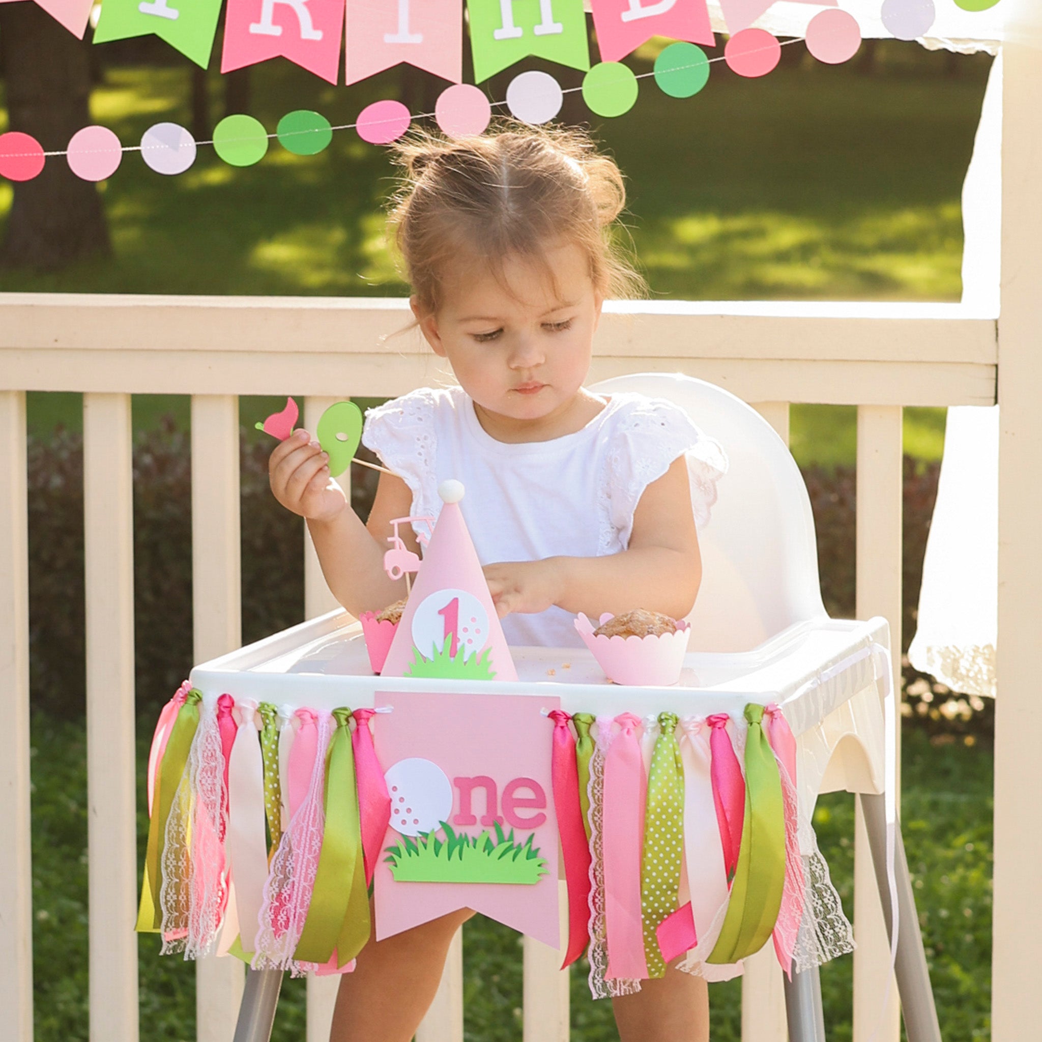 Golf Girl Birthday Circle Garland - Pink & Green "Hole in One" Party Banner Decor