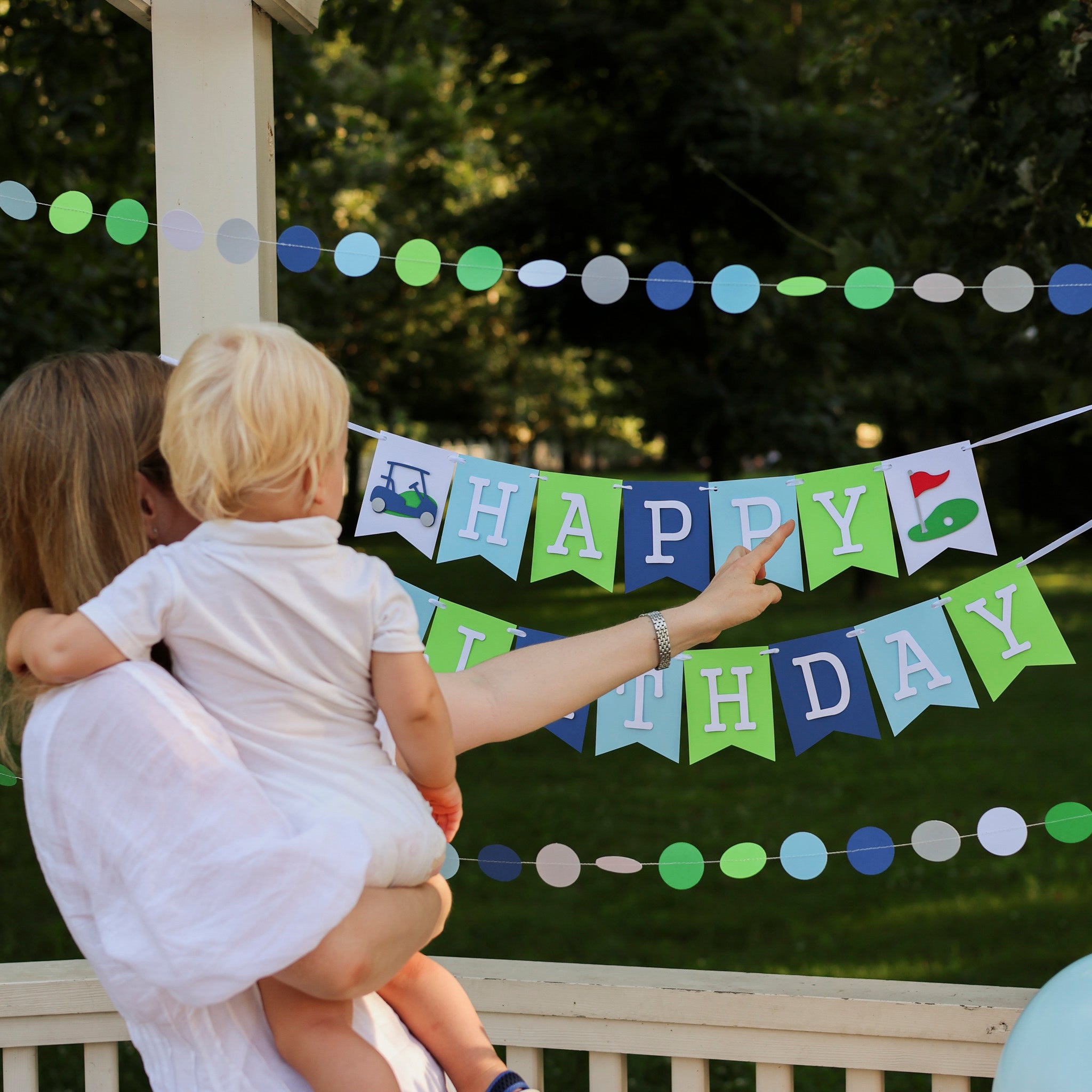 Golf Birthday Circle Garland – Hole in One Party Decor – Navy Blue & Green Paper Streamer – Boys Baby Shower Backdrop – Par-Tee Supplies