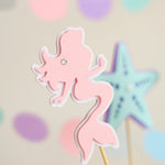 Sweet pink paper mermaid centerpiece stick with tiny rhinestone detail for mermaid themed photo smash cake