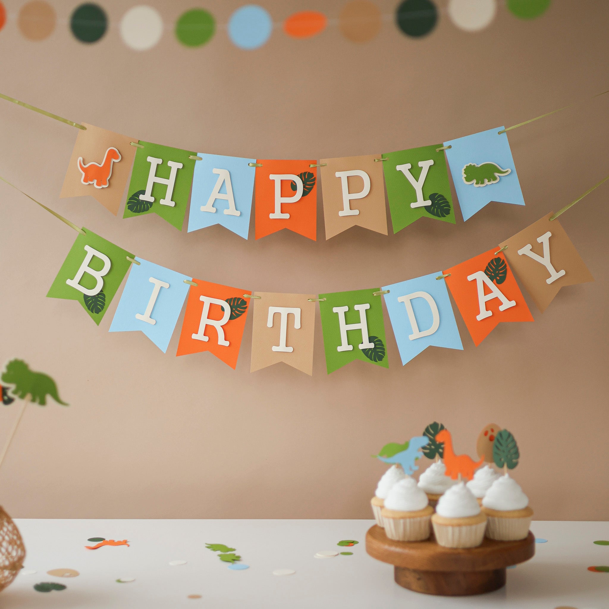 Dinosaur Happy Birthday Banner in sage green and terracotta for 1st birthday