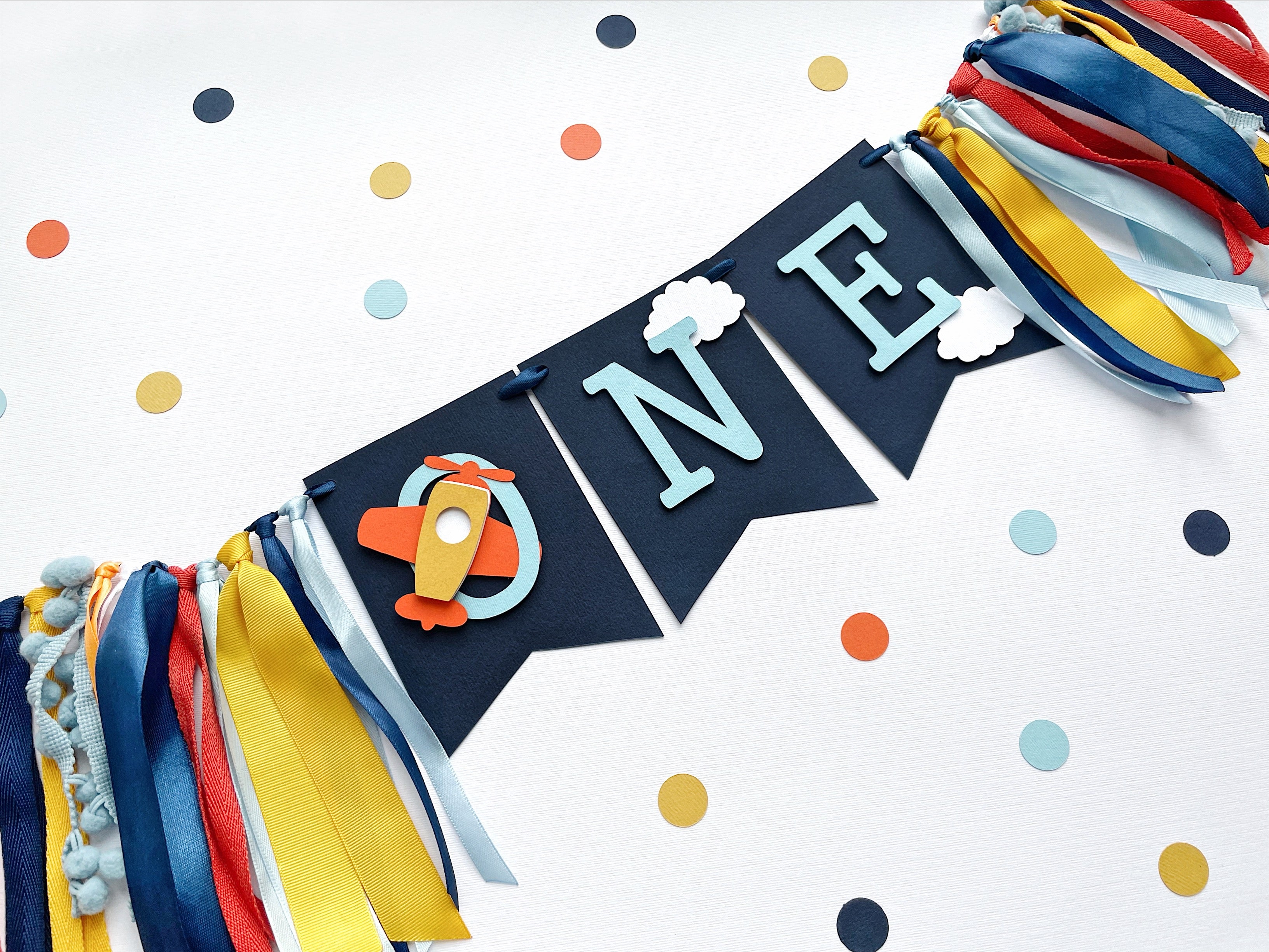 Airplane One High Chair Banner Time Flies Theme 1st Birthday Party Decorations by FunstaCraft