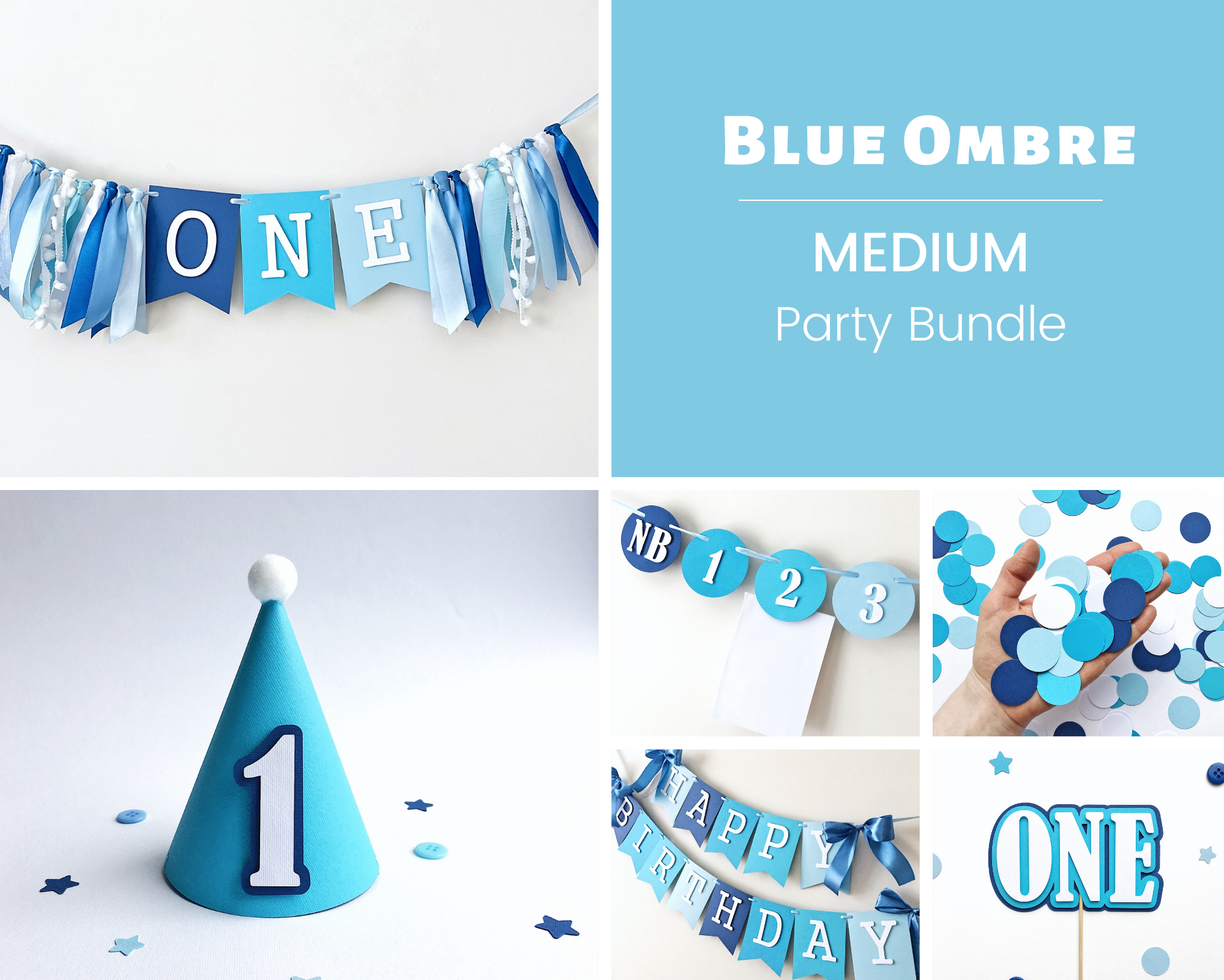 Blue Ombre Boy 1st Birthday Party Bundle Blue White First Birthday Theme Decorations First Birthday Bundle Shades of Blue Party Decor