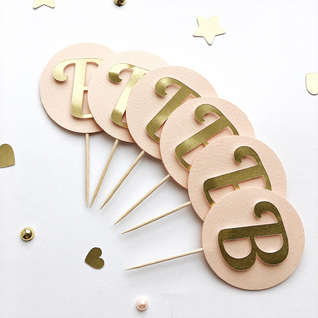 Initial Letter Cupcake Toppers Blush Gold 1st Birthday Party