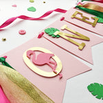 Tropical Girl One High Chair Banner Pink Gold Flamingo 1st Birthday