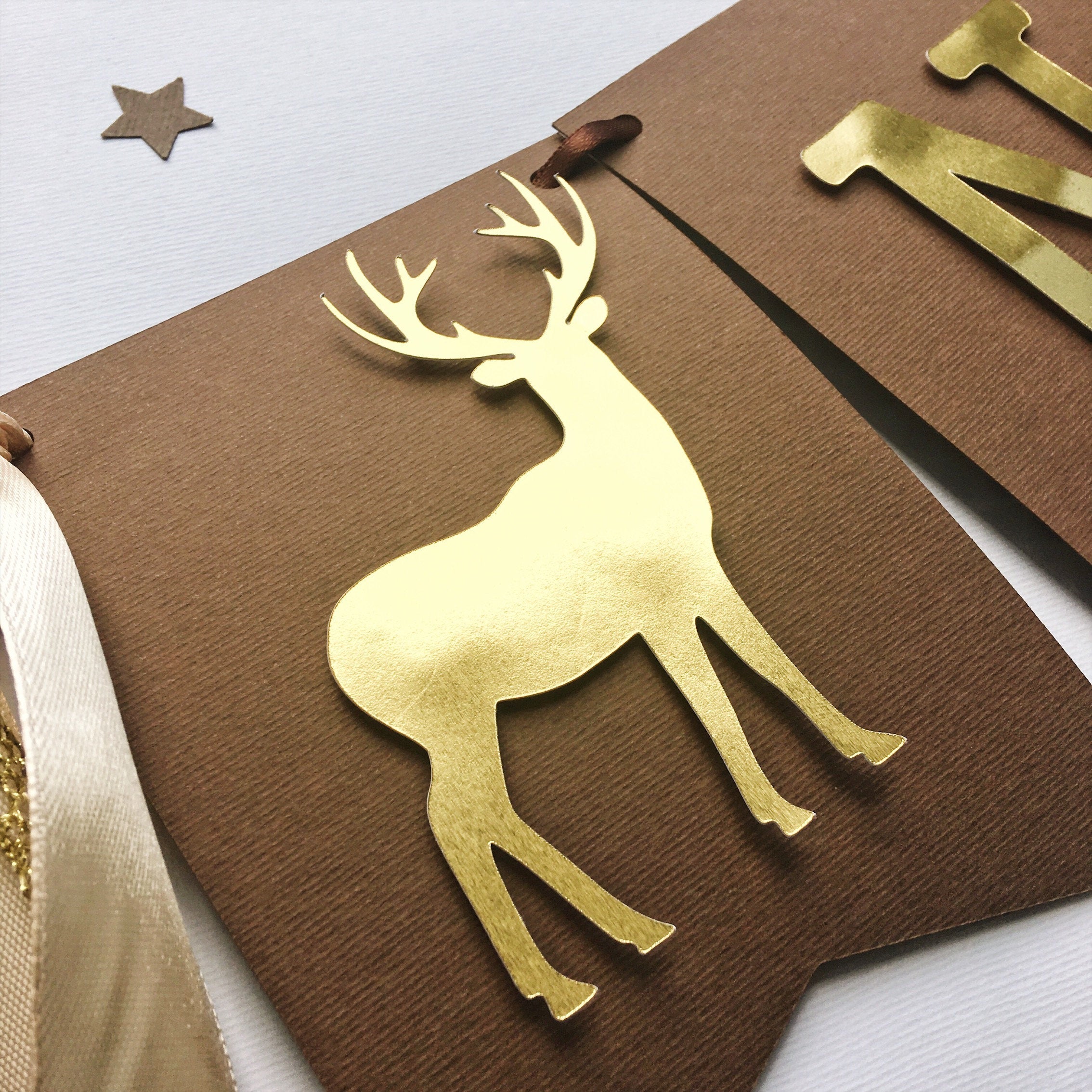 Deer One Highchair Banner to match Woodland Birthday Decorations, Deer Birthday, Forest Birthday Theme party decorations perfectly.