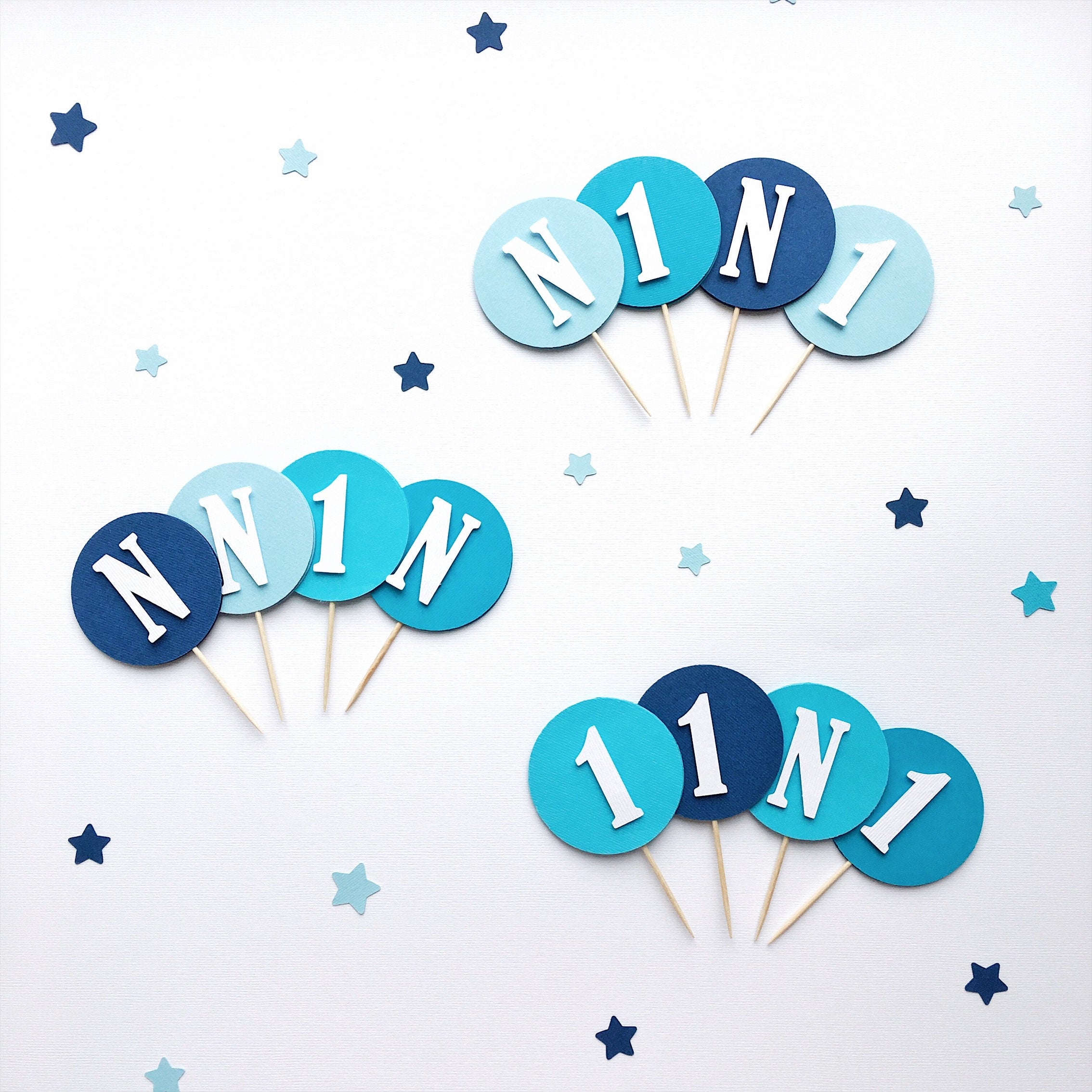 1st Birthday Cupcake Toppers Boy First Birthday Decorations Blue Ombre One Cupcake Toppers 1st Birthday Personalized Monogram Letter Topper 